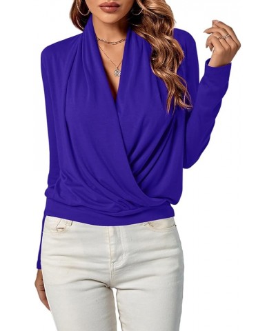 Women's Casual V Neck Cross Wrap Long Sleeve Solid Blouse Shirt Top Royal Blue $16.31 Blouses