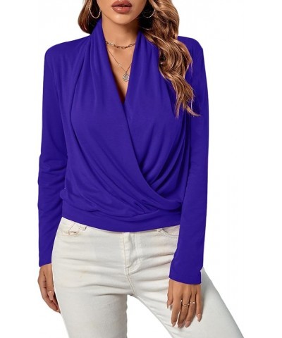 Women's Casual V Neck Cross Wrap Long Sleeve Solid Blouse Shirt Top Royal Blue $16.31 Blouses