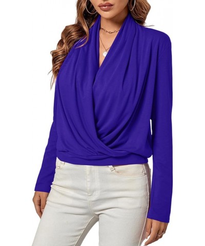 Women's Casual V Neck Cross Wrap Long Sleeve Solid Blouse Shirt Top Royal Blue $16.31 Blouses