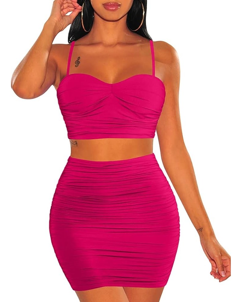 Women's Spaghetti Strap Sexy Top Bodycon Skirt Ruched 2 Piece Mini Dress Rose $10.56 Dresses