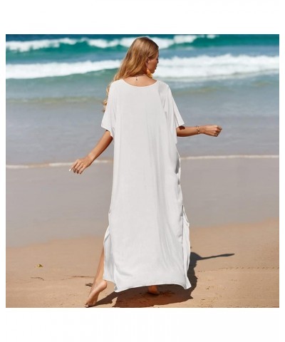 Women Kaftan Dress Multicolor Cover Up Floor Length Batwings Caftan Swimsuit One Size Modest Beach Kimono Coverup White $12.7...