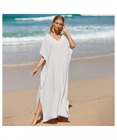 Women Kaftan Dress Multicolor Cover Up Floor Length Batwings Caftan Swimsuit One Size Modest Beach Kimono Coverup White $12.7...