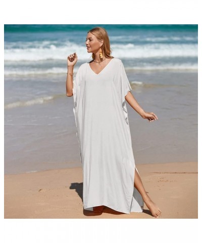 Women Kaftan Dress Multicolor Cover Up Floor Length Batwings Caftan Swimsuit One Size Modest Beach Kimono Coverup White $12.7...