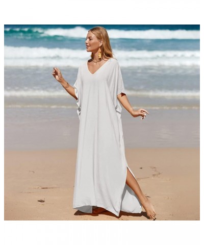 Women Kaftan Dress Multicolor Cover Up Floor Length Batwings Caftan Swimsuit One Size Modest Beach Kimono Coverup White $12.7...