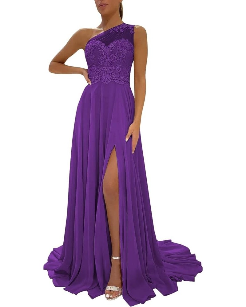 One Shoulder Chiffon Bridesmaid Dresses for Wedding 2024 Lace Slit Prom Dress with Pocket Evening Formal Gown Purple $34.40 D...