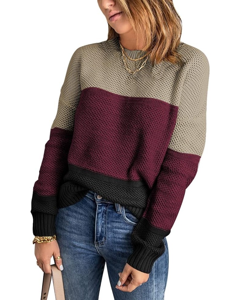 Womens Color Block Sweaters Long Sleeve Crewneck Pullover Knit Jumper Tops D Red $21.16 Sweaters