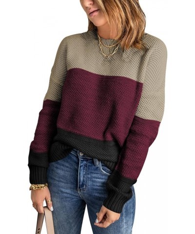 Womens Color Block Sweaters Long Sleeve Crewneck Pullover Knit Jumper Tops D Red $21.16 Sweaters