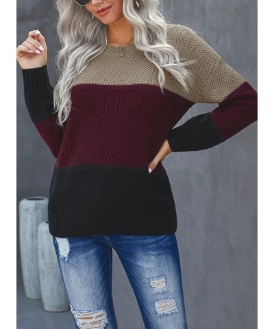 Womens Color Block Sweaters Long Sleeve Crewneck Pullover Knit Jumper Tops D Red $21.16 Sweaters