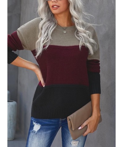 Womens Color Block Sweaters Long Sleeve Crewneck Pullover Knit Jumper Tops D Red $21.16 Sweaters