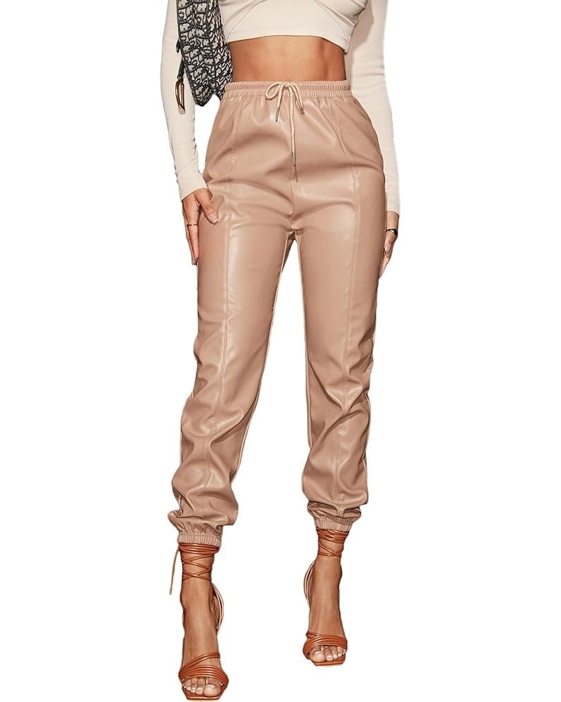 Women's Drawstring High Waisted Cropped Tapered Pu Leather Pants Apricot $21.42 Leggings