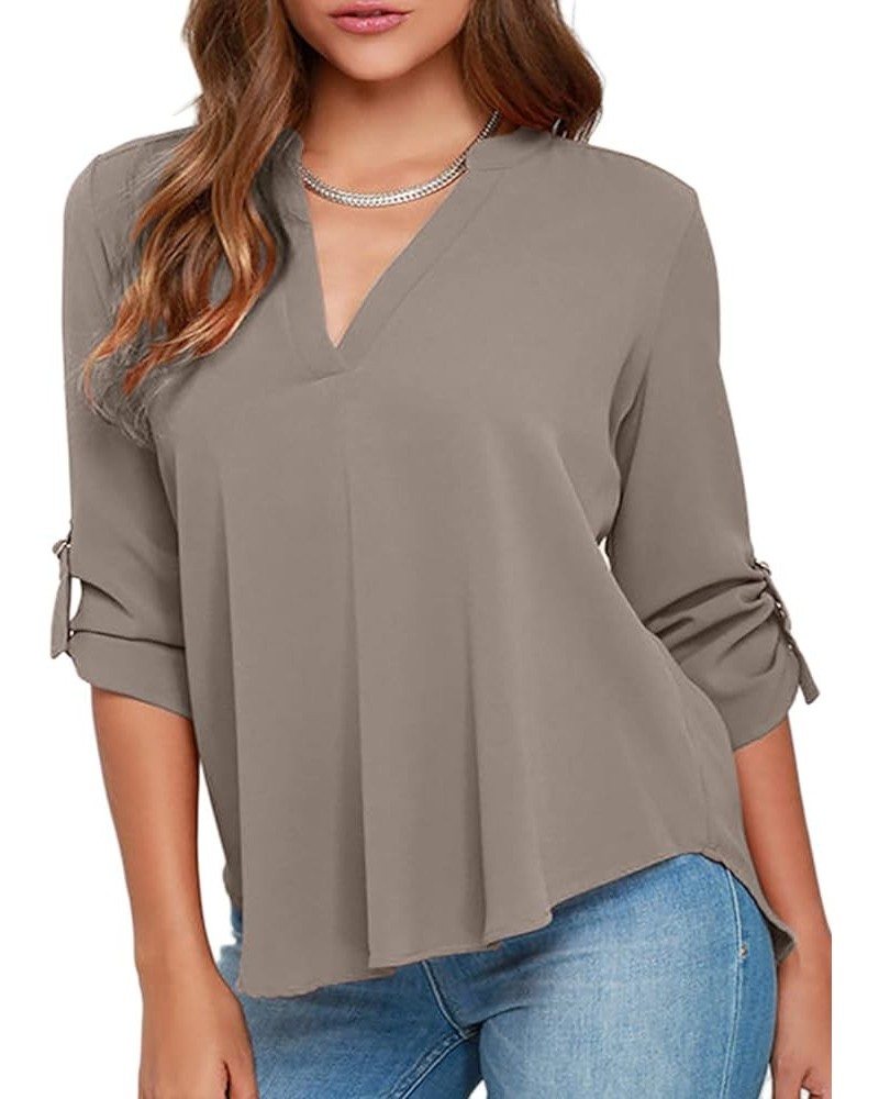 Womens 3/4 Sleeve Chiffon Work Blouses V Neck Elegant Loose Blouses Plus Size XS-3X Grey $11.25 Blouses