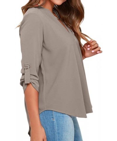 Womens 3/4 Sleeve Chiffon Work Blouses V Neck Elegant Loose Blouses Plus Size XS-3X Grey $11.25 Blouses