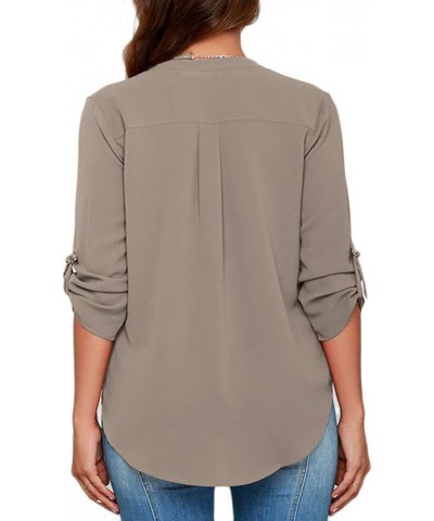 Womens 3/4 Sleeve Chiffon Work Blouses V Neck Elegant Loose Blouses Plus Size XS-3X Grey $11.25 Blouses