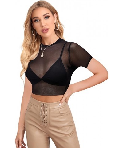 Women's Basic Long Sleeve Crop Top See Through Sheer Mesh Tee Shirt Black Short $9.24 Tops