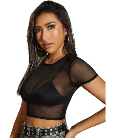 Women's Basic Long Sleeve Crop Top See Through Sheer Mesh Tee Shirt Black Short $9.24 Tops