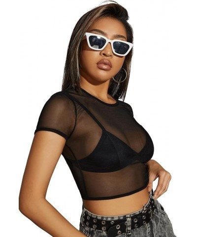 Women's Basic Long Sleeve Crop Top See Through Sheer Mesh Tee Shirt Black Short $9.24 Tops