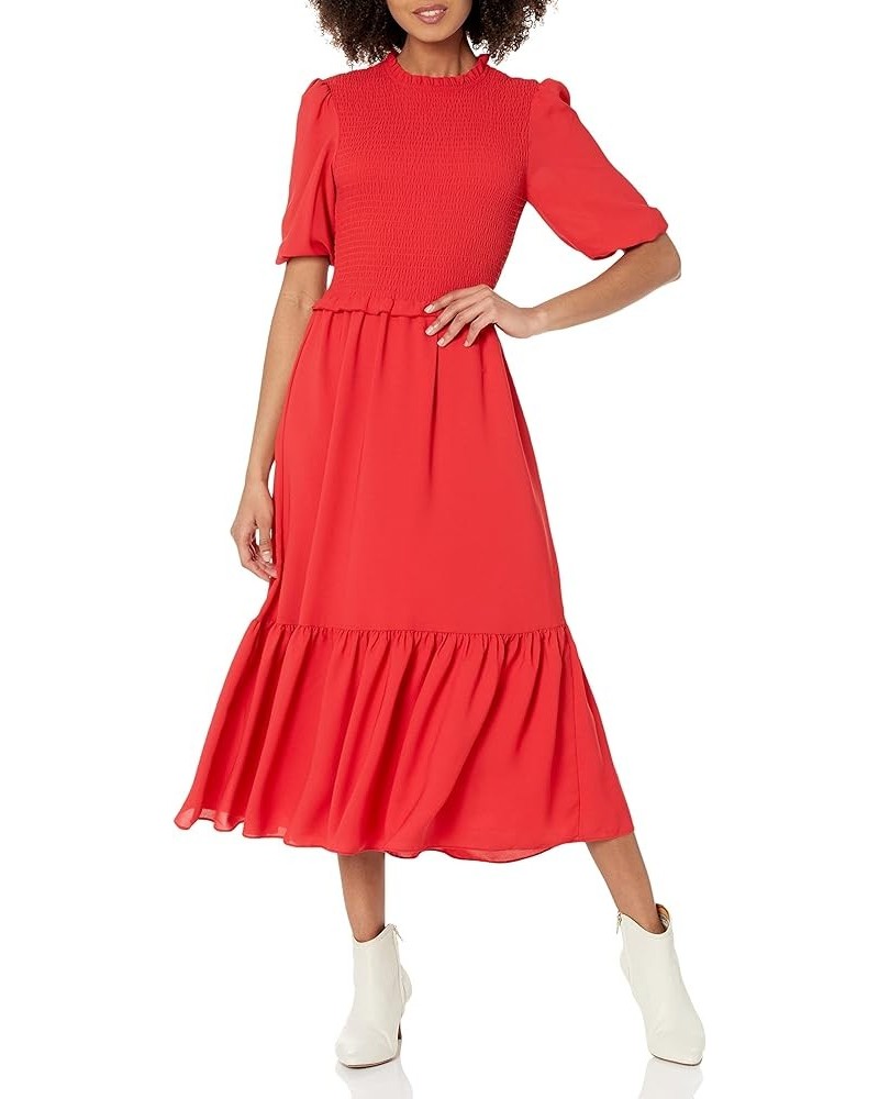 Women's Long Sleeve Smocked Front Ruffle Neck Dress Crimson Ruby $23.47 Dresses