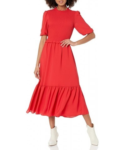 Women's Long Sleeve Smocked Front Ruffle Neck Dress Crimson Ruby $23.47 Dresses