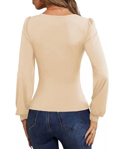 Women's Deep V Neck Ribbed Knit Bishop Long Sleeve Slim Fit Blouse Tee Top Beige $15.68 T-Shirts