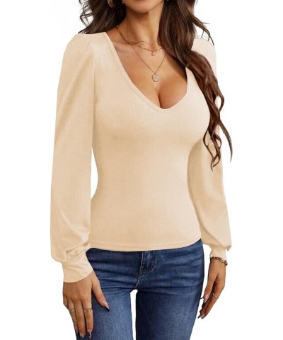 Women's Deep V Neck Ribbed Knit Bishop Long Sleeve Slim Fit Blouse Tee Top Beige $15.68 T-Shirts