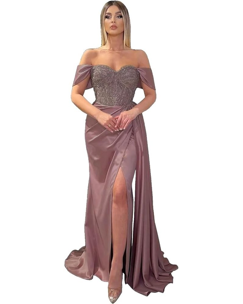 Women's Off Shoulder Mermaid Prom Dresses Long Beaded Satin Ball Gown with Slit Bridesmaid Formal Party Gown Leather Pink $38...