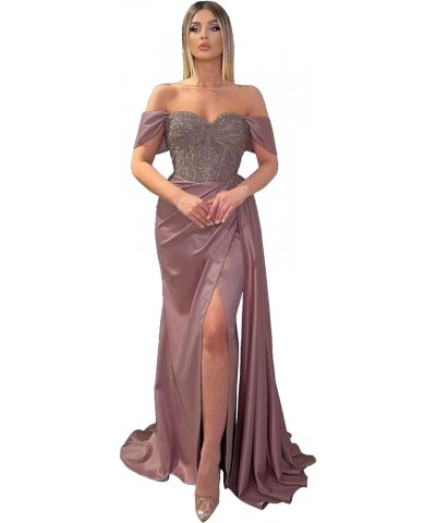 Women's Off Shoulder Mermaid Prom Dresses Long Beaded Satin Ball Gown with Slit Bridesmaid Formal Party Gown Leather Pink $38...