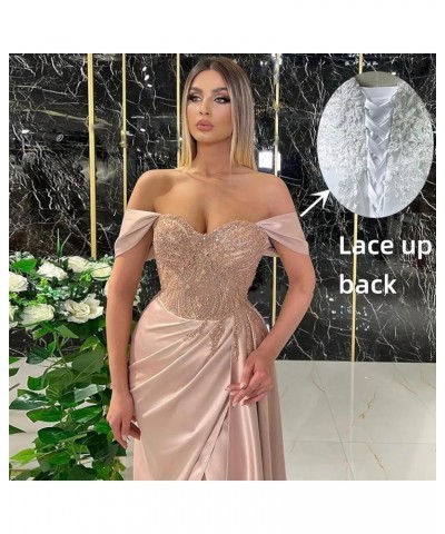 Women's Off Shoulder Mermaid Prom Dresses Long Beaded Satin Ball Gown with Slit Bridesmaid Formal Party Gown Leather Pink $38...