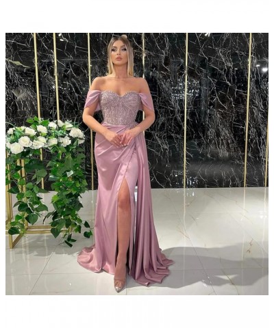 Women's Off Shoulder Mermaid Prom Dresses Long Beaded Satin Ball Gown with Slit Bridesmaid Formal Party Gown Leather Pink $38...