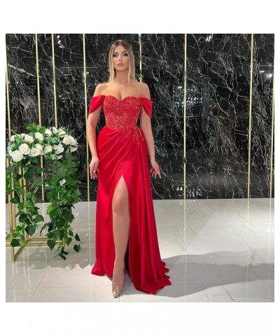 Women's Off Shoulder Mermaid Prom Dresses Long Beaded Satin Ball Gown with Slit Bridesmaid Formal Party Gown Leather Pink $38...