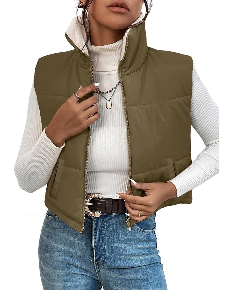 Womens Winter Puffer Vests Lightweight Cropped Sleeveless Coats Stand Collar Zipper Padded Gilets with Pockets A Green $12.40...