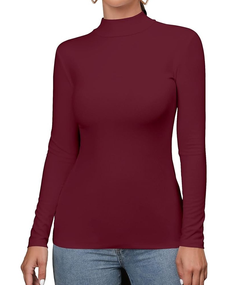 Women's Mock Turtleneck Long Sleeve/Sleeveless Basic Fitted Stretch Slim Shirts Tops long sleeve Burgundy $8.54 T-Shirts