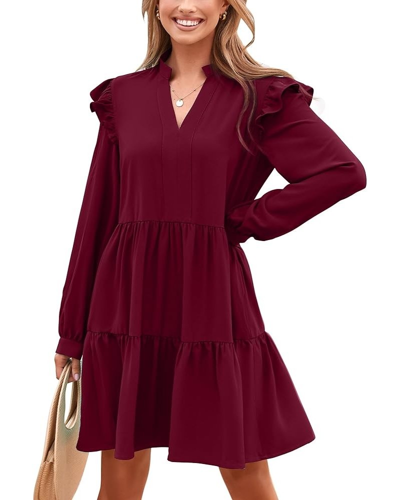 Women's 2024 Spring Fall Casual Ruffle Long Sleeve V Neck Mini Dress Loose Tiered Babydoll Dresses with Pockets Wine Red $20....