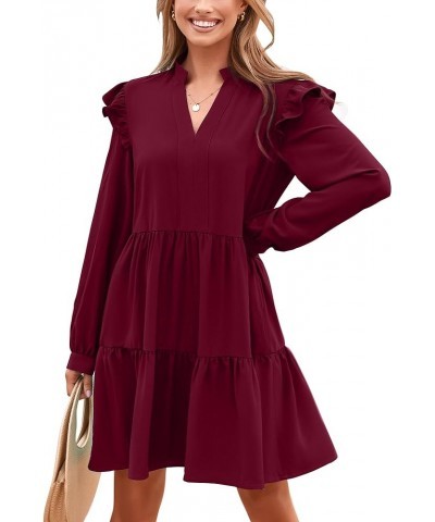 Women's 2024 Spring Fall Casual Ruffle Long Sleeve V Neck Mini Dress Loose Tiered Babydoll Dresses with Pockets Wine Red $20....