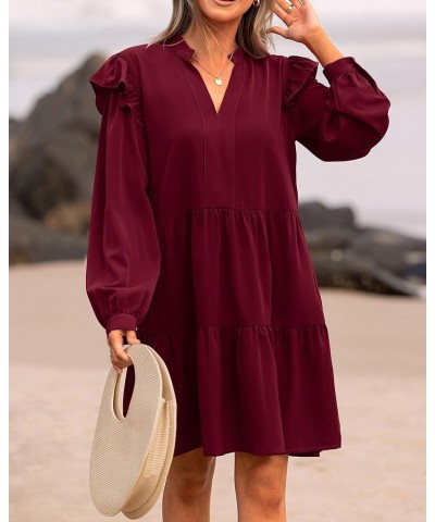 Women's 2024 Spring Fall Casual Ruffle Long Sleeve V Neck Mini Dress Loose Tiered Babydoll Dresses with Pockets Wine Red $20....