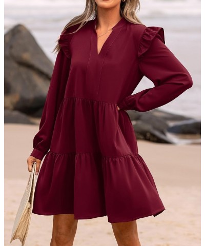 Women's 2024 Spring Fall Casual Ruffle Long Sleeve V Neck Mini Dress Loose Tiered Babydoll Dresses with Pockets Wine Red $20....