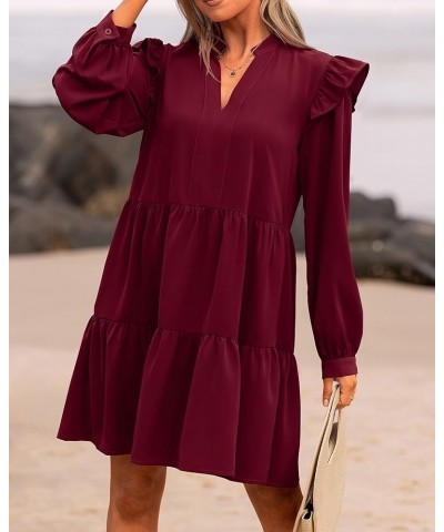 Women's 2024 Spring Fall Casual Ruffle Long Sleeve V Neck Mini Dress Loose Tiered Babydoll Dresses with Pockets Wine Red $20....