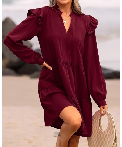 Women's 2024 Spring Fall Casual Ruffle Long Sleeve V Neck Mini Dress Loose Tiered Babydoll Dresses with Pockets Wine Red $20....