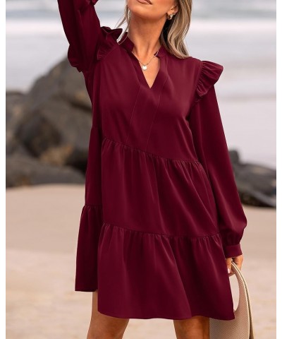 Women's 2024 Spring Fall Casual Ruffle Long Sleeve V Neck Mini Dress Loose Tiered Babydoll Dresses with Pockets Wine Red $20....