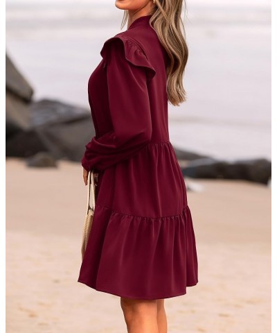 Women's 2024 Spring Fall Casual Ruffle Long Sleeve V Neck Mini Dress Loose Tiered Babydoll Dresses with Pockets Wine Red $20....