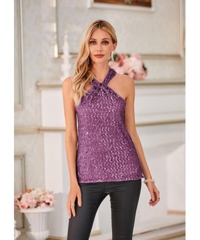 Women's Sequin Sparkle Tank Tops Halter Neck Keyhole Knot Slim Fit Cocktail Tops Purple-zigzag(sequin) $20.68 Tanks