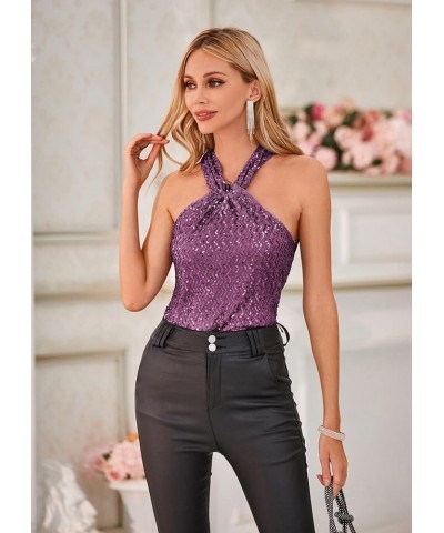 Women's Sequin Sparkle Tank Tops Halter Neck Keyhole Knot Slim Fit Cocktail Tops Purple-zigzag(sequin) $20.68 Tanks