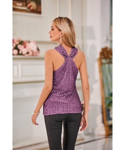 Women's Sequin Sparkle Tank Tops Halter Neck Keyhole Knot Slim Fit Cocktail Tops Purple-zigzag(sequin) $20.68 Tanks