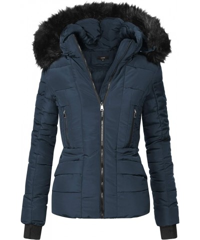 Women's Fur Hooded Puffer Parka Thickened Quilted Jackets Warm Winter Short Down Padded Coat Outwear Navy $42.50 Jackets