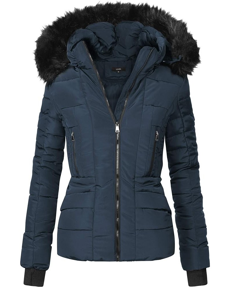 Women's Fur Hooded Puffer Parka Thickened Quilted Jackets Warm Winter Short Down Padded Coat Outwear Navy $42.50 Jackets