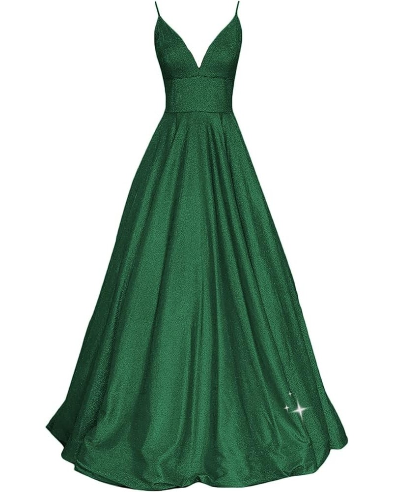 Women's Long Glitter Prom Dresses V Neck Backless Formal Evening Gown with Pockets RPM223 Green $45.89 Dresses