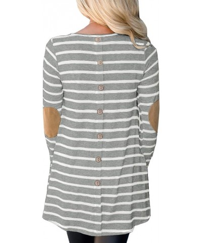 Women Stripe Elbow Patch Button Down Back Tunic Tops Light Grey $11.65 Tops