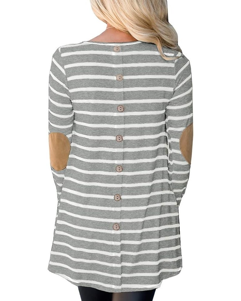 Women Stripe Elbow Patch Button Down Back Tunic Tops Light Grey $11.65 Tops