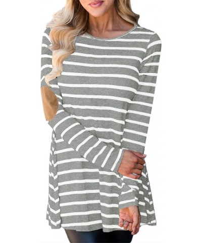 Women Stripe Elbow Patch Button Down Back Tunic Tops Light Grey $11.65 Tops