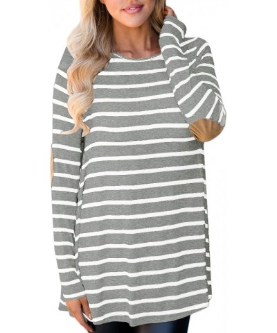 Women Stripe Elbow Patch Button Down Back Tunic Tops Light Grey $11.65 Tops