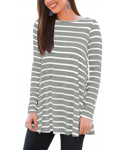 Women Stripe Elbow Patch Button Down Back Tunic Tops Light Grey $11.65 Tops